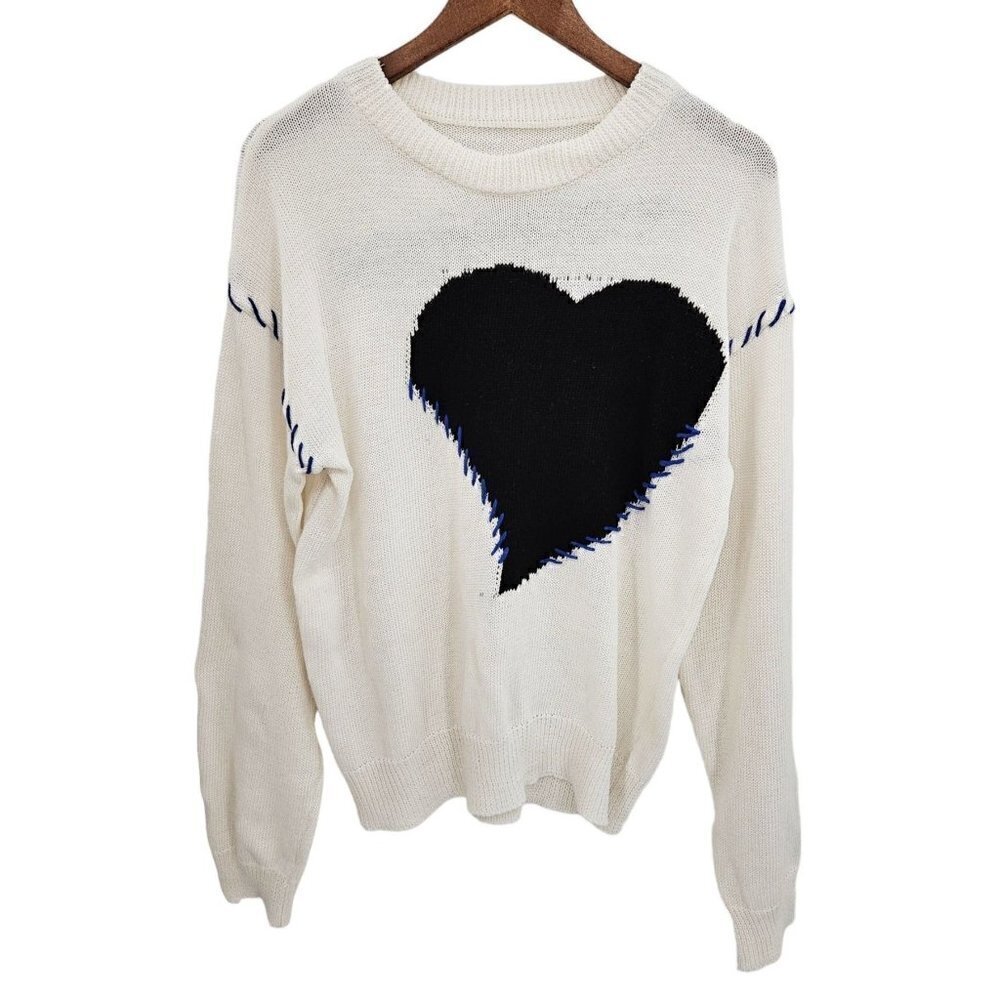 Oatoase Pullover Sweater Women Sz XXL Heart Crewneck Whip Stitch Spell Out White